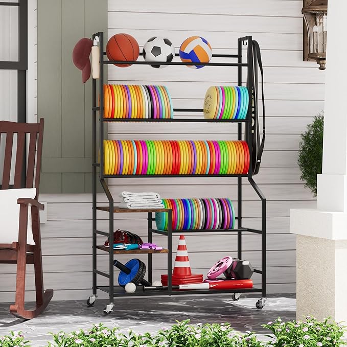 Portin 5 Tier Disc Golf Storage Rack, Disc Station Organizer with Hooks and wheels, Disc Golf Shelf for Storing Sports Equipment Accessories, Disc Golf Bag Basket Organizers for Home Garage Basement