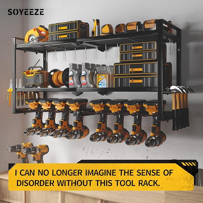 SOYEEZE Power Tool Organizer - 8 Drill & Screwdriver Wall Mount, 3 Layer Storage Rack with Hammer & Plier Holder