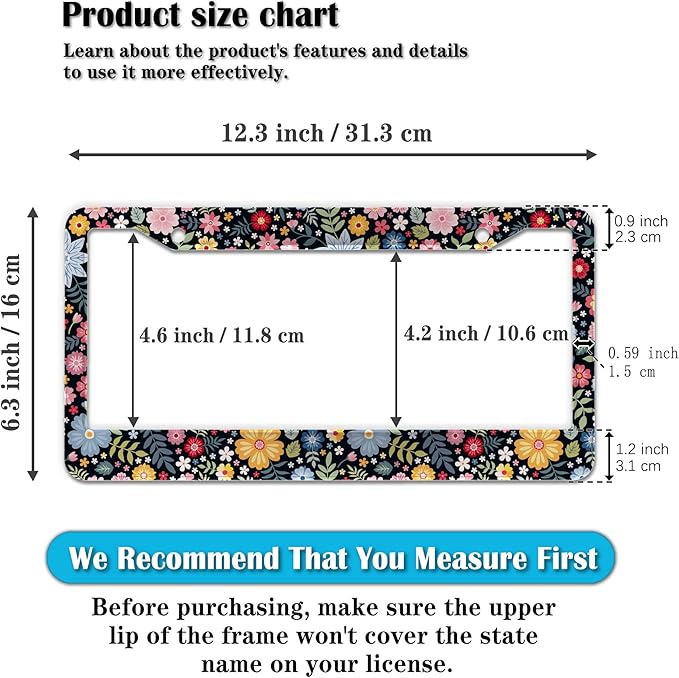 License Plate Protector Multicolor License Plate Frames Colorful Floral Flowers Universal Aluminum Car Accessory 2 Pack with Screw Covers Set