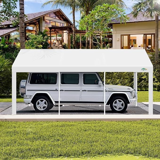 COBIZI Carport 10x20ft Heavy Duty Portable Garage, 2.0 Powder Coated Frame(Better Than Galvanized), Waterproof Shelter with Built-in Sandbags, for Car/Boat/SUV, White