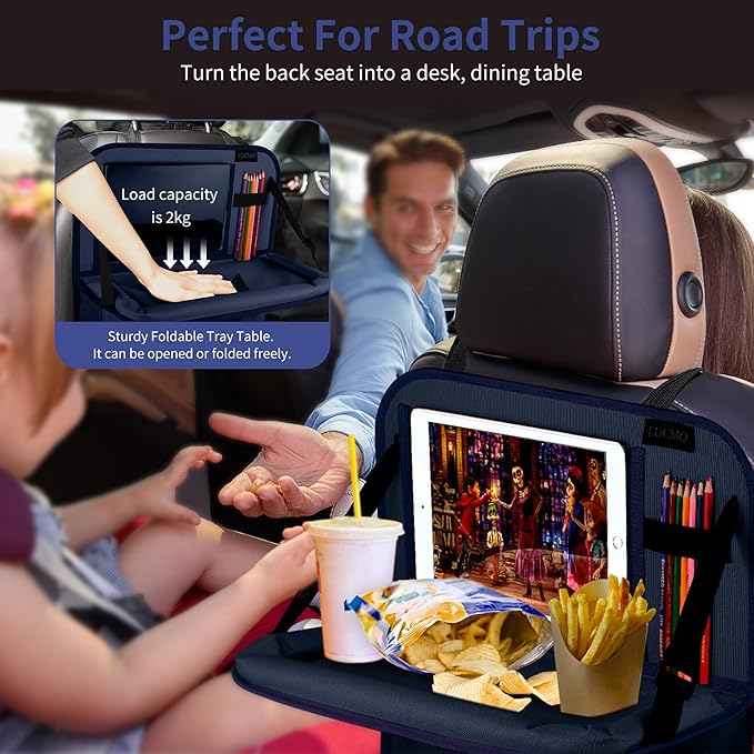 LUCMO Car Backseat Organizer with Tablet Holder,6 Storage Pockets Car Storage Organizer with Foldable Food Tray,Seat Protectors Kick Mats Travel Accessories-Dark Blue