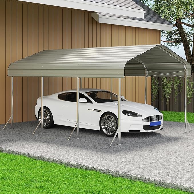 10X15ft Heavy Duty Metal Carport – Outdoor Galvanized Garage, Sturdy Structure, All-Weather Protection, Easy Assembly for Cars, Trucks, Boats, Tractors, and Outdoor Storage (White, 10x15FT)