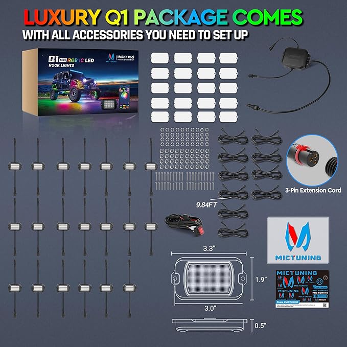 MICTUNING 2025 1000% Bright Q1 MAX RGB+IC Rock Lights, 20 Pods Chasing Dreamcolor Extensible Underglow Multicolor Neon Light Underbody Lighting Kit with APP Control for Truck ATV UTV Boat