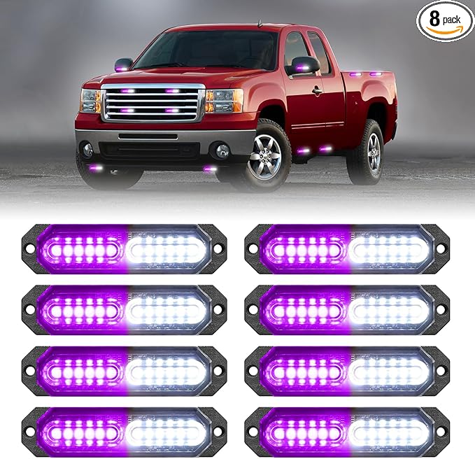 HLauto 1200T Emergency Strobe Grille Lights: 8pcs 12 LED Sync Feature Safety Warning Flashing Light, Ultra Slim Surface Mount Hazard Caution Light for Trucks, Vehicles, Car, ATV, UTV (Purple White)