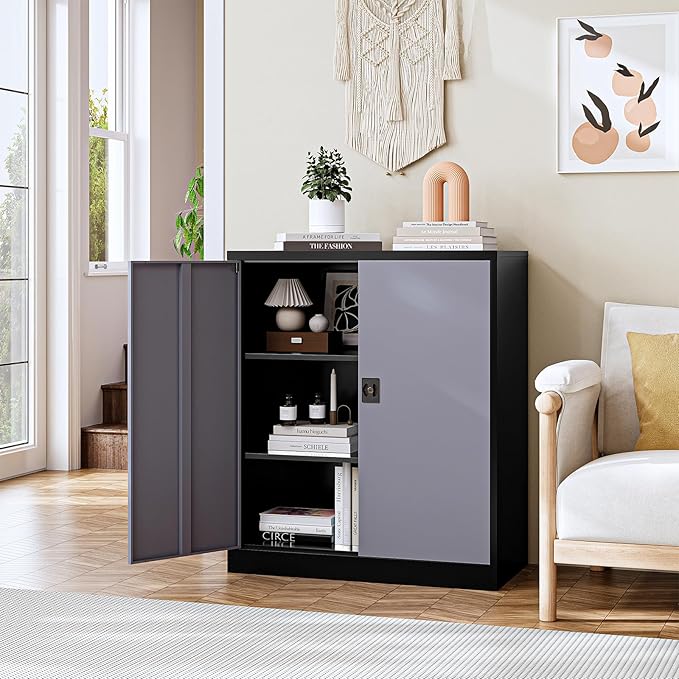 Metal Storage Cabinet, Lockable Storage Cabinet with 2 Doors and Shelves, Metal Cabinet with Lock, Small Lockable Metal Cabinet for Home Office(Black Grey)