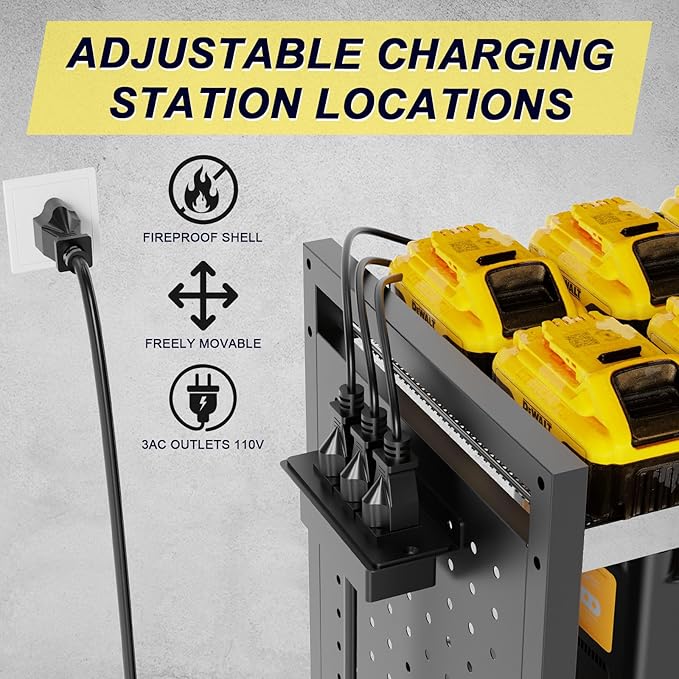 6-Tier Large Power Tool Organizer Cart with Charging Station, Heavy-Duty Garage Rolling Tool Cart with 6 Wheels, 8 Hooks & Adjustable Shelves, Holds 700LBS+