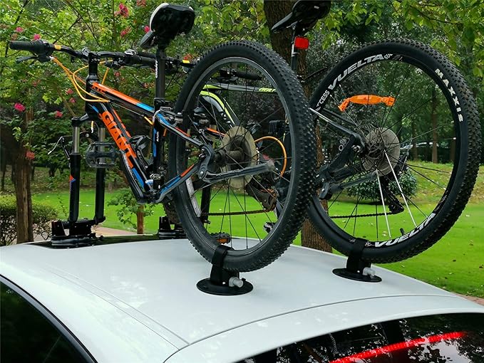 Bike Rack for Car Roof, Vacuum Suction Cup Bicycle Carrier Aluminium Alloy Roof Rack, with 5 Adapters for Most Bikes, 9x100mm/12x100mm/15x100mm/15x110mm/20x100mm/20x110mm (8" Suction Cup)