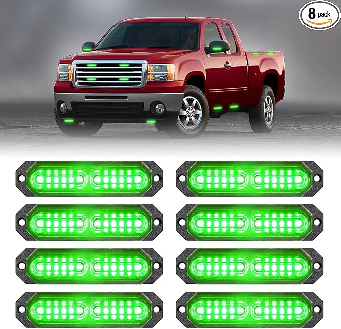 HLauto 1200T Emergency Strobe Grille Lights: 8pcs 12 LED Sync Feature Safety Warning Flashing Lights, Ultra Slim Surface Mount Hazard Caution Lights for Trucks, Vehicles, Car, ATV, UTV (Green)