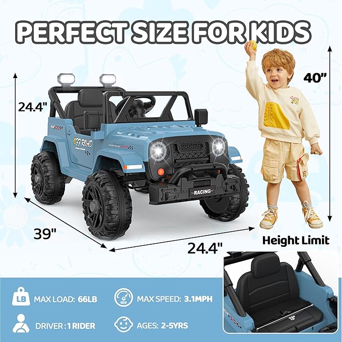 12V Ride On Truck Car with Remote Control, Kids Electric Vehicles with Bluetooth Music, Horn, 3 Speeds, 4 LED Lights, Soft Start, Ride-on Toy for Toddler Boys & Girls (Blue)