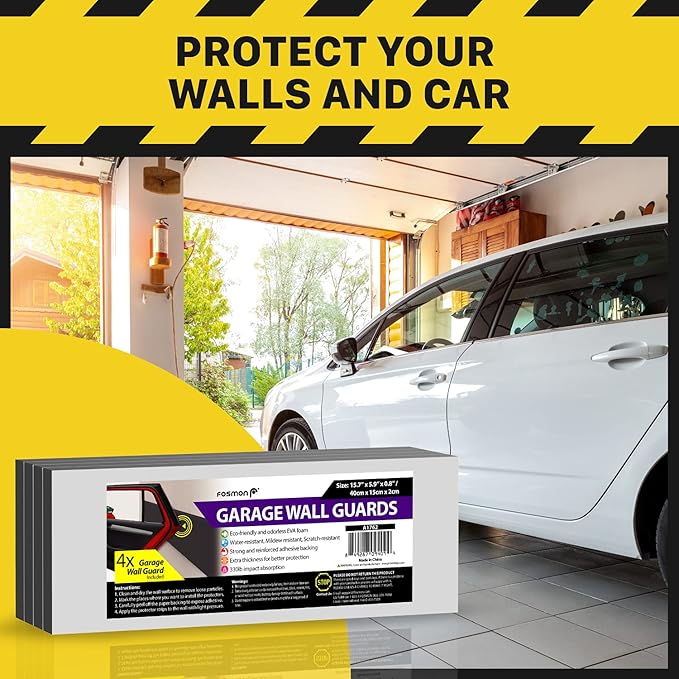 Fosmon Garage Wall Protector for Car Doors (4 Packs), 3/4" Ultra Thick Garage Wall Bumper Guard with EVA Foam (Up to 300LB Impact) and Mesh Self Adhesive Padding for Warehouse Parking Assist- Black