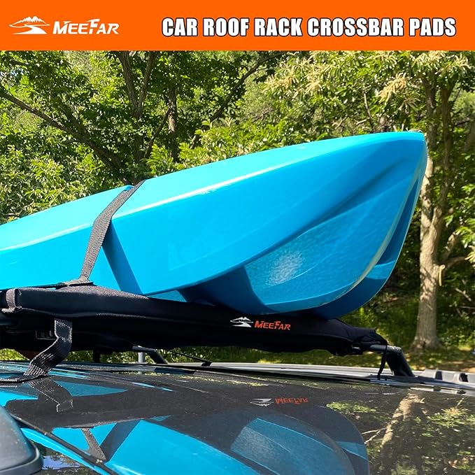 MeeFar Universal Roof Rack Pads Fit on Cross Bars - for Kayak/Surfboard/SUP/Canoe with 2 Heavy Duty Tie Down Straps, 2 Tie Down Rope, 2 Quick Loop Strap and Storage Bag