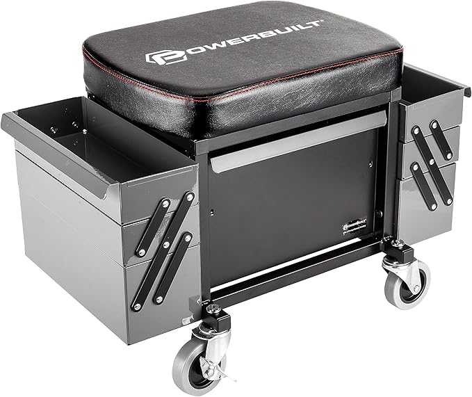 Powerbuilt Rolling Seat with Expandable Tool Trays, Roller Toolbox Garage Stool - Grey 941918ECE
