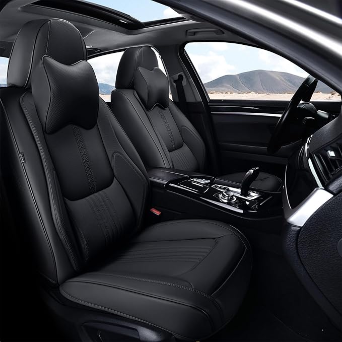 Front Seat Covers, 2 Pieces Universal Seat Covers for Cars, Waterproof Leather Auto Seat Protectors with Head Pillow, Car Seat Cushions Fit for Most Sedans SUV Pick-up Truck, Black