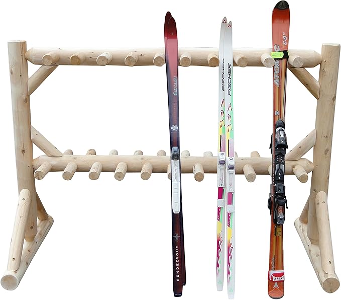 17-Pair Freestanding Skis + Snowboard Log Rack, Standing Shorter Ski Storage Racks, Snowboard Sports Organizer, Ski Poles Garage Sports Equipment Organizer, Rack for Snowboards - Natural