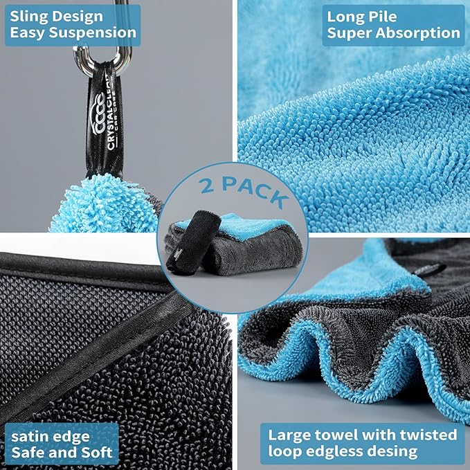 Microfiber towels for cars - 1300GSM X Large size Double twisted loop 2pcs - 70/30 Blend Quick Dry High absorbent Edgeless Streak free - Car drying towel for detailing 24x36″ & 12x12 (Grey+ Aqua Blue)