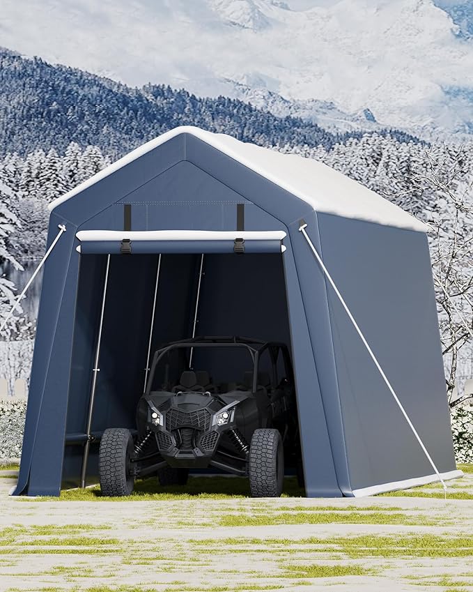 7x15FT Outdoor Storage Shed, Portable Carport with Roll-up Ventilated Zipper Door and Windows, Heavy Duty Waterproof Tarp, Storage Sheds for Motorcycle, Bike, Firewood, Garden Tools