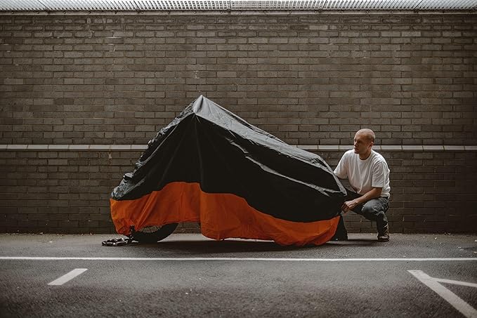 Motorcycle Cover, All-Season Waterproof Outdoor Sun Protection Fit up to 116 Inch Harley-Davidson Honda Suzuki Kawasaki Yamaha (XXXL Black&Orange)