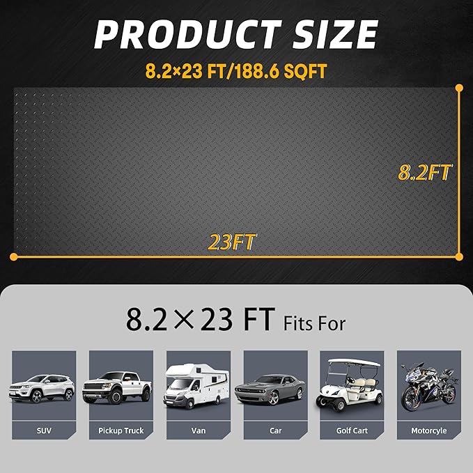 8.2 x 23 FT Garage Floor Mat, 2.8mm Thickened Diamond Plate PVC Garage Flooring Roll for Car, 188.6 SQFT Heavy Duty Vinyl Garage Floor Protector for Garage, Basement, Truck. Black