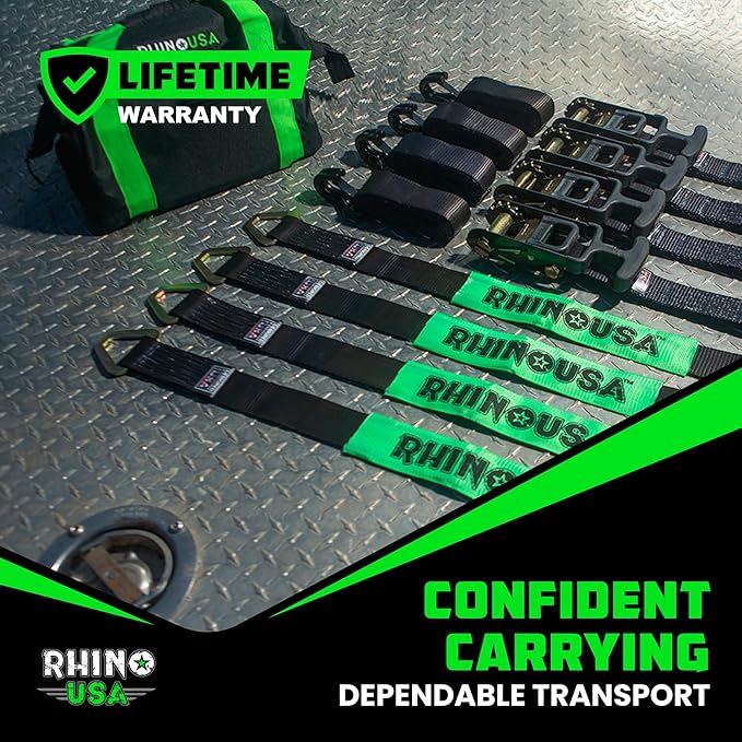 Rhino USA Car Tie Down Straps for Trailers with J Hooks (4-Pack) – 2" x8' (10,000lb Break Strength) – Heavy Duty Car Hauler Tire Straps with Axle Straps for UTV, Powersports & More – Black