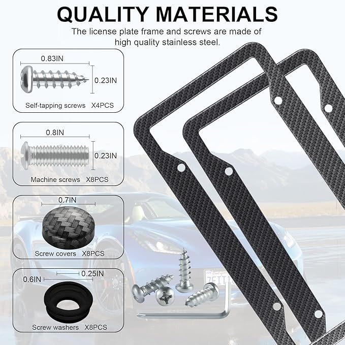 LivTee Carbon Fiber License Plate Frames, 2PCS Car License Plate Holder, 4 Holes Stainless Steel License Plate Covers, Automotive Exterior Accessories, Slim Design with Gasket Cover for US Cars