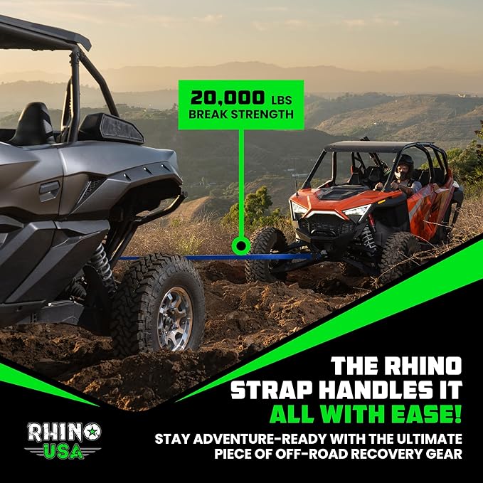 Rhino USA Recovery Tow Strap (2"x20')- 20024lb Break Strength- Emergency Recovery Strap Tow Rope for UTV, ATV & More- Heavy Duty Towing Strap for Offroad 4x4 Use- Compatible with RZR and Can-Am (Blue)