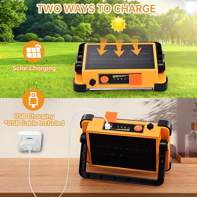 Rechargeable Solar Work Light Portable - IP66 Waterproof Job Site Flashlight with Stand, 10000LM 6600MAh Solar Flood Light for Mechanic, Camping, Car Repair, Fishing, Emergency