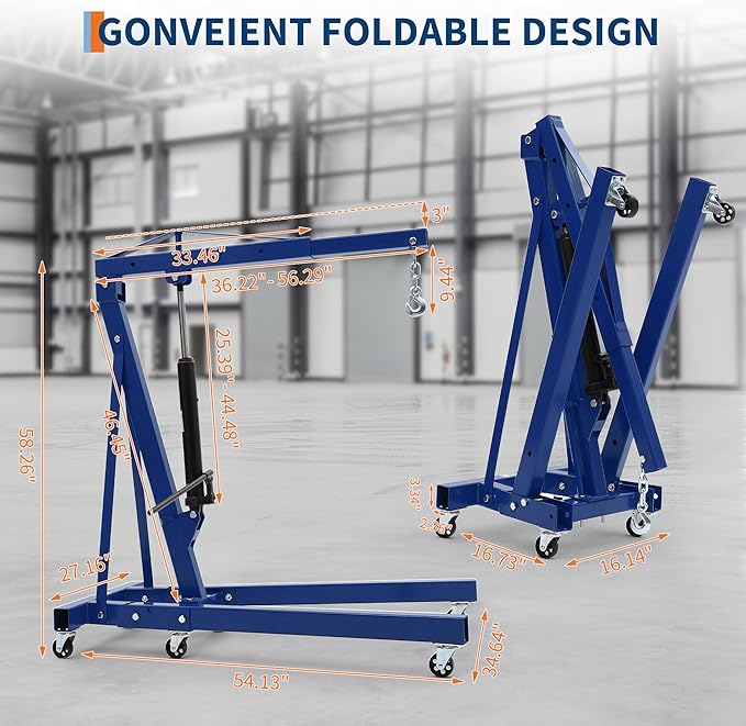 Engine Hoist Cherry Picker, 2 Ton Folding Hydraulic Engine Hoist with Telescopic Boom & 6 Casters, Heavy Duty Shop Crane Lifting Cherry Picker for Workshops Garage, Blue