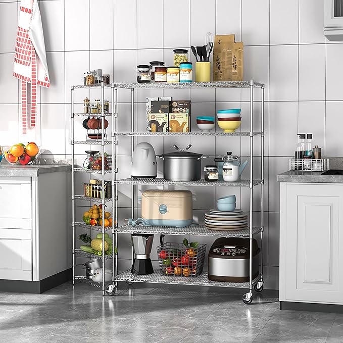 5 Tier NSF Metal Shelf Wire Shelving Unit, 6000lbs Capacity Heavy Duty Adjustable Storage Rack with Wheels & Shelf Liners for Commercial Grade Utility Steel Storage Rack , 82"H x 48"L x 24"D - Chrome