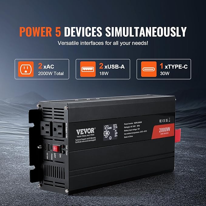 VEVOR Pure Sine Wave Inverter, 2000 Watt, DC 12V to AC 120V Power Inverter with 2 AC Outlets 2 USB Port 1 Type-C Port, LCD Display and Remote Controller for Medium-Sized Household Equipment, CE FCC