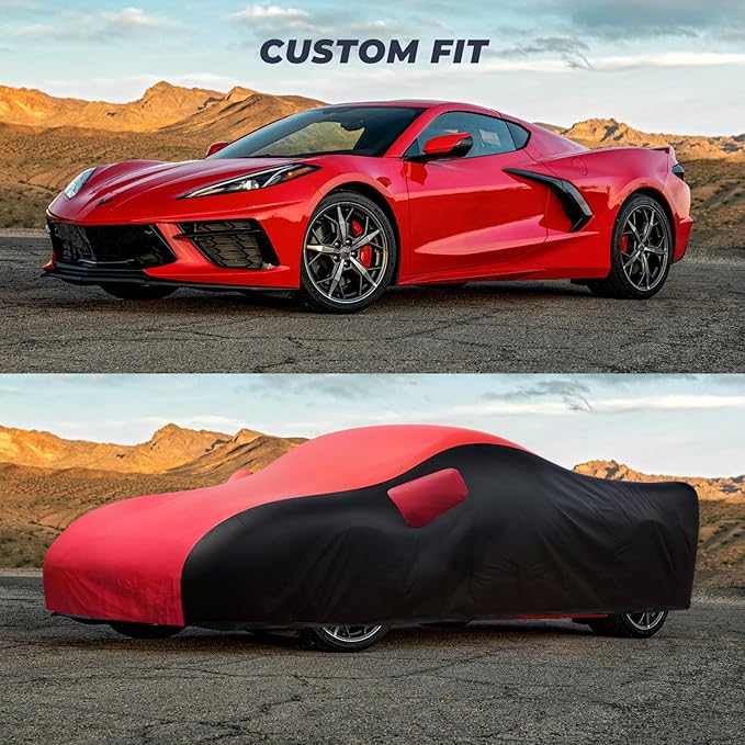 KAKIT Waterproof Car Cover Custom Fit for 2020-2022 C8 Stingray, UV Resistant Fade-Proof Cover for Chevy Corvette, Indoor & Outdoor Use (Red & Black Combo)