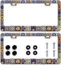 【2Pcs】 Mexican Tiles License Plate Frames Mandala Boho License Plate Frame Car Universal Stainless Steels Accessories Cars Decor with 2 Holes and Screws Fits Standard US Vehicles Size: 12.2 x 6 Inches