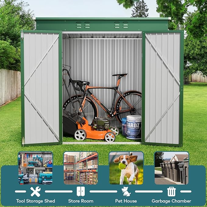 Gizoon 6' x 4' Outdoor Storage Shed with Double Lockable Doors, Anti-Corrosion Metal Garden Shed, Waterproof Shed Outdoor Storage Clearance for Backyard Patio Lawn-Green