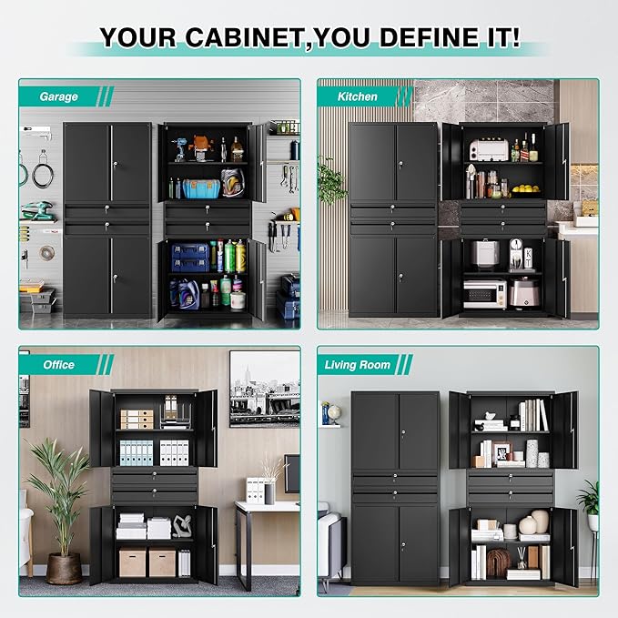 Metal Storage Cabinet with Drawer and Locks,Black Garage Storage Cabinet with Locking Doors and Adjustable Shelves,71" Tall Large Metal Cabinets with Magnetic Door for Home,Office,Garage