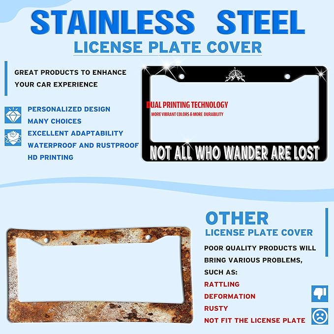 Not All Who Wander are Lost License Plate Frame Mountain Compass Stainless Steel License Plate Holder for Front or Rear Car Tags Funny for Car Decoration with Screws 6.3 X 12.2 in for Women Men