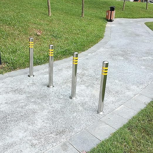 Stainless Steel Parking Bollards for Driveway, Industrial Safety Bollards Reflective Channelizer Post, Parking Barrier, Sturdy and Durable, Easy to Install, for Crowd Control(Silver (1pcs),8.9*60cm/3.