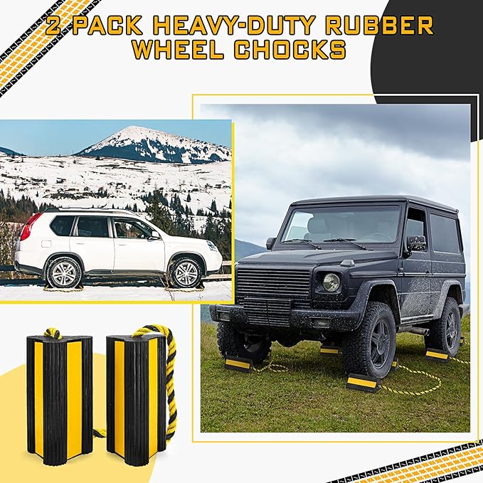 4 Pair Heavy Duty Wheel Chocks for RV Trailer, Rubber Wheel Stoppers, Dual Blocks, Non Slip Tire Chock with Nylon Rope Reflective Tape for RV Camper Travel Trailers Car Truck (Yellow)