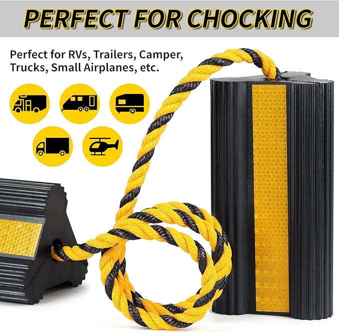 Heavy Duty Rubber Wheel Chocks, 2 Pair, Non-Slip Tire Stopper Blocks with Rope, for RV Camper Travel Trailers Motorhome Aircraft Car Truck