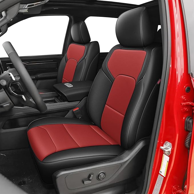 AOMSAZTO Custom Car Seat Covers for Ram 1500: 2009 2010 2011 2012 2013 2014 2015 2016 2017 2018 for Ram 2500 2010-2018 Full Set Faux Leather Seat Covers Black+Red