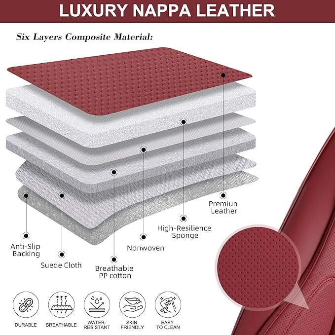 Car Seat Covers Full Set, Front and Rear Seat Covers for Cars, Waterproof Leather Auto Seat Protectors with Head Pillow, Car Seat Cushions Fit for Most Sedans SUV Pick-up Truck, Wine Red