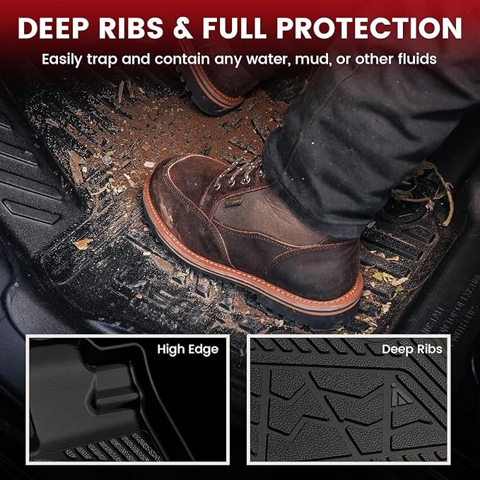 LASFIT Floor Mats for Honda Ridgeline 2025 2024 2023-2017 Crew Cab, All Weather Protection TPE Non-Slip Custom Fit Automotive Accessories Floor Liners 1st & 2nd Row, Black
