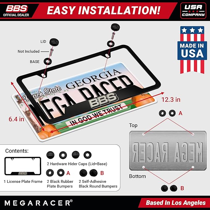BBS Official Black Stainless Steel License Plate Frame – Made in USA – Premium Rustproof Powder-Coated Metal Car Accessory – Universal Fit – 1 Pack