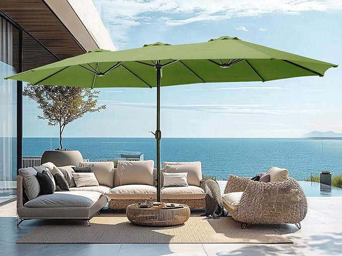 PHI VILLA 15ft Large Patio Umbrellas with Base, Outdoor Double-Sided Rectangle Market Umbrella for Pool Lawn Garden, Lime Green