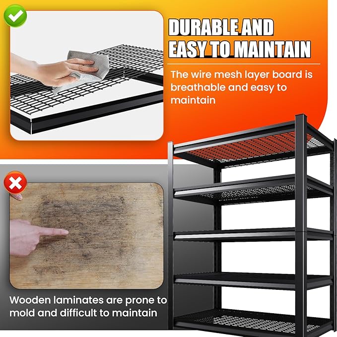 Large Garage Shelving, 5-Tier Garage Storage Shelves 3000LBS Heavy Duty Shelving Unit, Adjustable Steel Metal Shelving, Wire Shelves for Garag, Utility Rack Shelf for Basement, 72 ”H×45.7”W×19.7”D