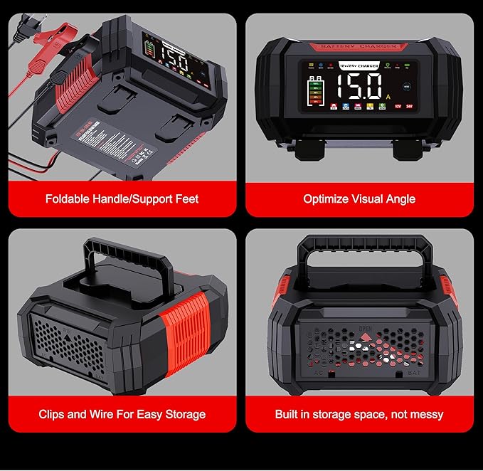 15 Amp Battery Charger, 12V 24V LiFePO4 Car Battery Charger 9-Stage Trickle Portable Charger Smart Battery Maintainer w/Battery Repair, Winter Mode, for AGM, STD, Gel, Lead Acid,Deep Cycle Batteries