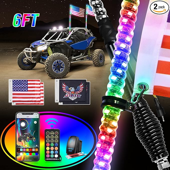 Nilight 2PCS 6FT RGB LED Whip Light with Spring Base Remote App Control w/DIY Chasing Patterns Turn Signal & Brake Lights for ATV UTV Polaris RZR Can-am Dune Buggy Jeep