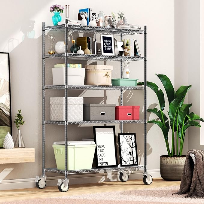 Wire Shelving with Wheels, 48x18x72 Inch, 3000 Lbs Storage Shelves Heavy Duty, Commercial-Grade Adjustable Utility Shelf, NSF-Certified Metal Storage Rack with Shelf Liners, 5-Tier, Chrome