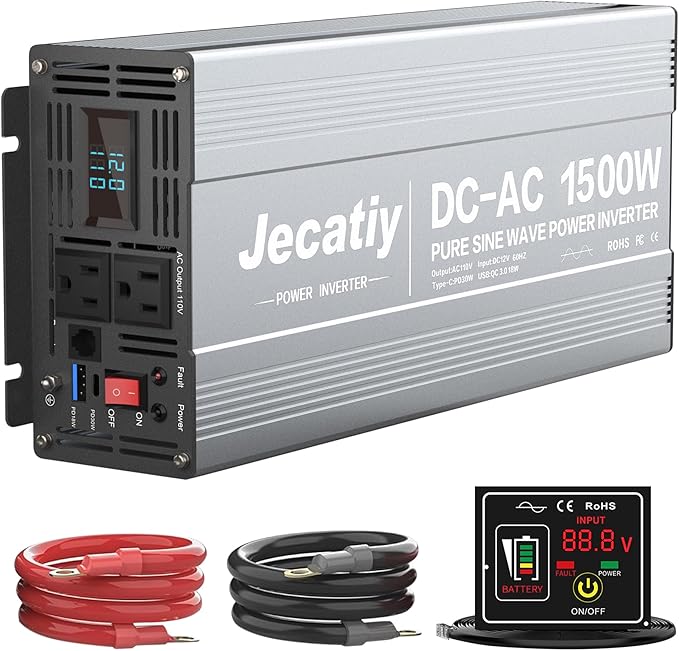 1500 Watt Pure Sine Wave Power Inverter DC 12V to 110V/120V AC Converter with 2 AC,18W USB, and 30W Type-C Charging Ports, Car Solar Power Inverters with LCD Display for Home RV Truck