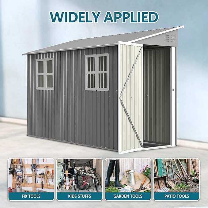 4x10 Ft Outdoor Metal Shed, Heavy-Duty Storage Shed with Floor Kit for Tools and Bikes, Lean to Shed with Left/Right Door and 2 Windows