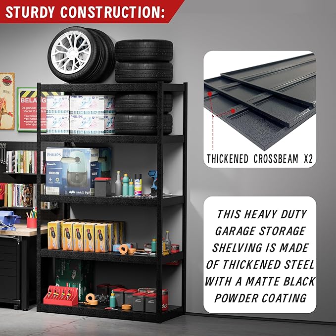 5 Tier Garage Shelves - 72"H x 39.4"W x 18"D, 3000 lbs Heavy Duty, Matte Black, Adjustable Metal Shelving for Industrial Garage Storage