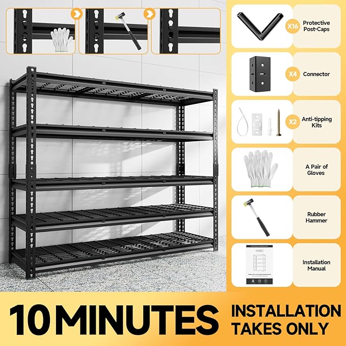 5-Tier 60" W X 20" D X 72" H Storage Shelves 2500LBS Metal Garage Shelving Adjustable Storage Shelf Metal Racks with Shelves Heavy Duty Shelving Units and Storage Utility Shelf